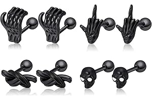 AllerPierce 4 Pairs Punk Stud Earrings Cartilage Tragus Earring Studs Stainless Steel Gothic Skull Hand Skeleton Bone Studs Mens Earrings Silver Black Vintage Rock Biker Ear Piercing Earrings