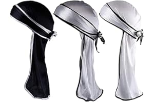 RECCISOKZ LEEQ Silky Durag - Diadema de cola larga con correas anchas, gorro de pirata liso (conjunto de colores 1, 3 piezas)