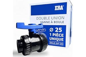 FLUXI-TECH - Vanne à Boule PVC Ø 25 mm - 1 Pièce - Double Union à Coller - Pression PN16 bars - Résistante aux Produits Chimiques (60°C) - pour Piscine, Jardin, Arrosage, Plomberie - Poignée Bleue