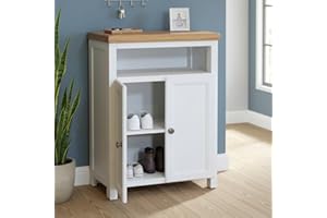 GROF GROFurniture Painted Shoe Storage Cabinet White, Ready-Assembled Hallway Organizer with Oak Top & Adjustable Shelves | Wooden Entryway Cabinet for Shoes | Modern Farmhouse Style