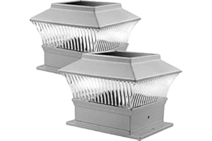 ComfyNex 2 Pack LED Fence Post Lights (Silver), Universal Fit Solar Powered Post Cap Outdoor Garden, Waterproof Solar Powered Lights for Garden Patio Porch