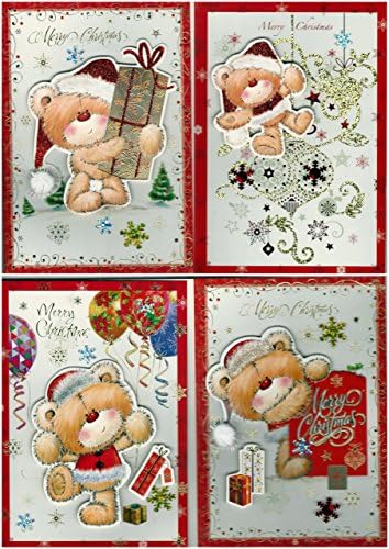 Box of 24 Hand Made 3D Embellished Teddy Bear Christmas Cards & Envelopes. Blank inside. Individually wrapped