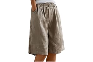 YOLIMOK Womens Shorts Plus Size Knee Length Wide Leg Bermuda Shorts Comfy Cotton Linen Elasticated High Waist Stretch Ladies Culottes Summer Solid Shorts with Pockets Yoga Sports Active Shorts