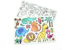 Sensory Junction Silicone Washable Colouring Placemat for Kids| Includes 1 Set of Colourful Pens Wipe Clean Reusable Eco-Friendly Colouring Pad (Jungle Mat)