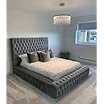Beds & Co Grey Plush Velvet Upholstered Regal Ambassador Bed Frame and Headboard - Mattress - Hand Made in the UK (Steel-Plush Velvet, Super King With Mattress 6FT)