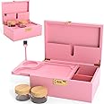 Pink Bamboo Wooden Stash Box with Lock, Wood Rolling Tray and Glass Storage Jars - Smoking Box with Lock, Glass Jars and Kit