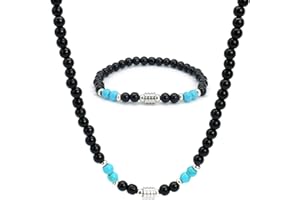 ZENGSING Natural Stone Beads Bracelet Gemstone Beaded Crystal Necklace Set for Men Stretch Black Crystal Beaded Bracelet Adjustable Black Onyx Beaded Necklace for Men Women Gifts