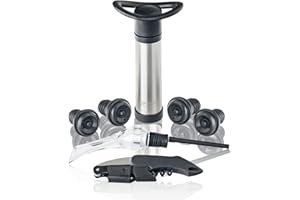 Qpractiko - Coffret Cadeau Wine Lover's | Pompe à Vide en Acier Inoxydable | Bouchons à Vin en Silicone | Tire-Bouchon à Deux Temps | Aérateur de Vin | Bouchon Hermétique Vin, Argent, Acier Inoxydable