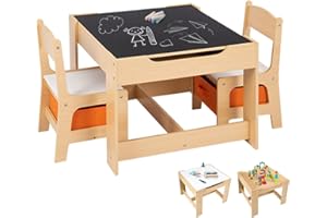 COSTWAY Table Enfant avec Chaise, Petite Table avec Tableau Amovible à 2 Faces et 2 Boîtes, Bureau Enfant avec Rangement Taille Compacte pour Chambre, École