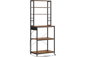 VASAGLE Étagère de Cuisine avec Multiprise, Étagère pour Machine à Café, 6 Étagères, 6 Crochets, pour Four à Micro-Ondes, Cadre en Acier, 40 x 60 x 167 cm, Marron Rustique et Noir d'encre KKS124K01