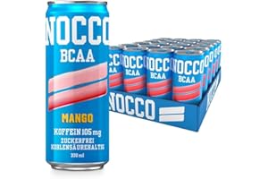 ‎NOCCO NOCCO BCAA energy drink 24er pack – zuckerfrei, vegan Energy Getränk mit Koffein, Vitaminen und Aminosäuren – Mangogeschmack, 24 x 330ml inkl. Pfand (Mango Del Sol)
