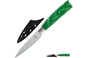 FULLHI Couteau d'office, couteau japonais multicolore de 3,5 pouces avec garde, couteau de cuisine en acier inoxydable avec étui (Resina verde)