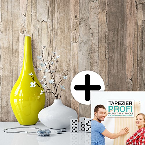 Holz Tapete Vliestapete Beige Braun Grau Edel , schöne edle Tapete im Holzwand Design , moderne 3D Optik für Wohnzimmer, Schlafzimmer oder Küche inkl. Newroom Tapezier Profibroschüre mit super Tipps! - 2