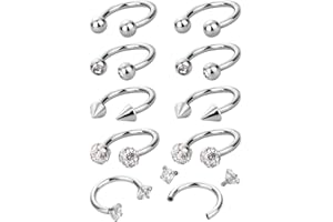 HO2NLE 10Pcs 16G Stainless Steel Horseshoe Nose Hoop Rings Circular Smiley Septum Piercing Jewellery Fake Nose Ring Eyebrow Lip Earring Tragus Helix Cartilage Daith Conch Body Piercing Jewellery 8 mm