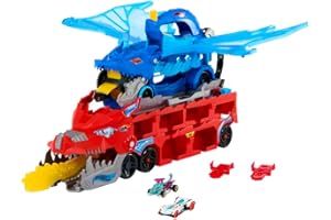 Hot Wheels City Drago Trasportatore Trasformabile e 2 macchinine Die-Cast, Drago di Grandi Dimensioni e Drago Rimovibile, può Contenere più di 20 Veicoli, JBM72