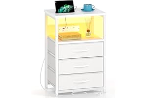 Seventable Bedside Table with LED Lights - Smart Beside Cabinet with Plug and USB, Storage Shelf and 3 Drawers - Slim Narrow Nightstand Small Spaces for Living Room, Bedroom - White