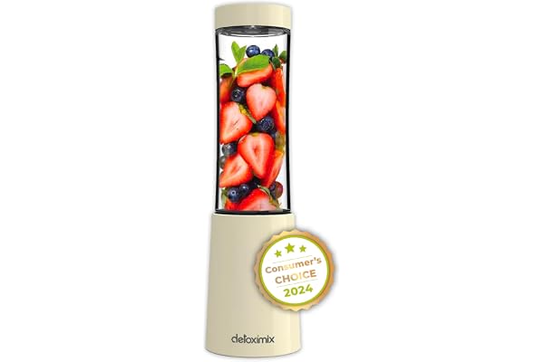 DETOXIMIX - Mini Blender Compact 150W 280ml - Smoothie Milk-shake Jus Fruits ou Légumes - 2 Bouteilles Gourdes avec Couvercle de Voyage + Livret de Recettes Inclus - Plastique sans BPA 4 Lames - Blanc