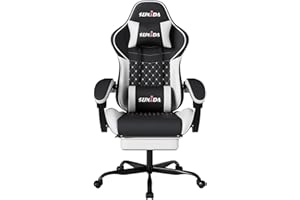 SUKIDA Gaming Chair, Ergonomic Gaming Chair with Footrest, Racing Gamer Chair 90-135° Adjustable Backrest, Computer Chair Height Adjustable Lumbar Support, Black White