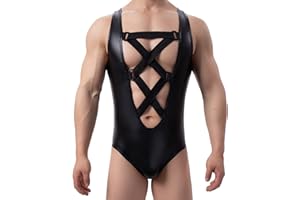 Faringoto Herren Body Shaping Kurzarm Leder Seitennetz Kreuz Einteiler Kleidung