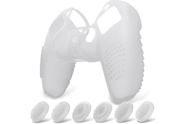 eXtremeRate PlayVital Funda de Silicona para ps5 Mando - Carcasa Protectora con 6 Tapas de Joysticks, Impermeable, Resistente y Antideslizante, Funda de Goma Suave, 3D Tachonado (Claro Blanco)