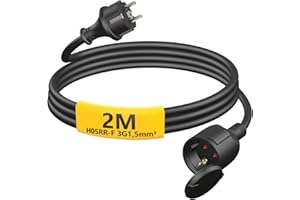 HUARUI Verlängerungskabel Outdoor 2m, Gummi Stromkabel Verlängerung mit Schuko Stecker für den Außenbereich IP44, Kabelverlängerung H05RR-F 3G1,5mm² mit Schutzkappe, Elektrokabel außen, 3500W, Schwarz