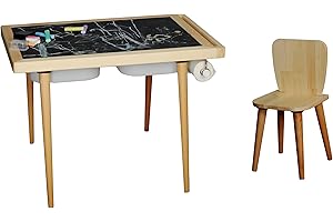 SmartToys4U Montessori Activity Table and Chair-Pine, arts and crafts table with sensory bins, double sided chalk and dry erase board, paper role