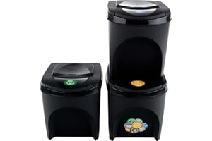 PROSPERPLAST Set de 3 cubos de basura KEDEN SORTIBOX papelera reciclaje, antracita, volumen 3x25L
