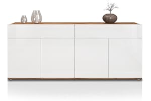 WHOUS Credenza e Buffet GARDA per Soggiorno con 2 Cassetti e 4 Ante, Madia per Salotto, Cucina e Sala da Pranzo in Legno, 160,1x35x70 cm, Bianco Lucido e Rovere