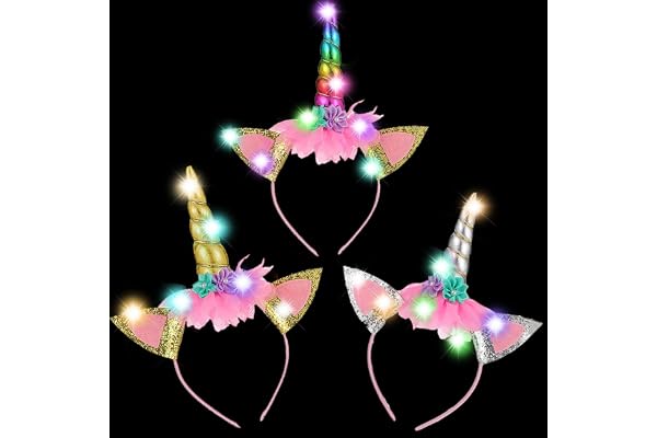 YOUYIKE Enhörningspannband för flickor och vuxna, 3-pack, LED-upplyst, födelsedag, enhörning, utklädningstillbehör för karneval och påsk