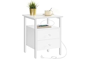 HOOBRO Nachttisch mit Ladestation, Beistelltisch, Sofatisch mit 2 Schubladen, Couchtisch mit USB-Anschlüssen für Wohnzimmer, Schlafzimmer, Modern, 39 x 39 x 59 cm, Weiß EWT43CBZ01G2