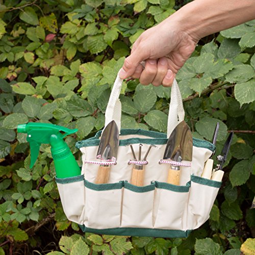 (7in1) ORIGINAL GardenHOME ZIMMERPFLANZEN WERKZEUG SET, SEHR ROBUST, KLEINER FORMFAKTOR, Pflanzkelle, Blumenkelle, Winkelharke, Gartenschere, Blattschere u. Sprühflasche m. GRATIS TRAGETASCHE - 7