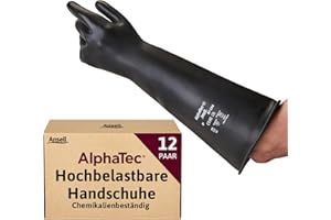 Ansell AlphaTec 87-118 Gants de Protection Chimique en Latex, Haute Résistance à l'Abrasion, Risques Industriels et Produits Dangereux, Acides et Solvants, Noir, Taille XL (12 Paires)