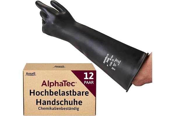 Ansell AlphaTec 87-118 Gants de Protection Chimique en Latex, Haute Résistance à l'Abrasion, Risques Industriels et Produits Dangereux, Acides et Solvants, Noir, Taille S (12 Paires)