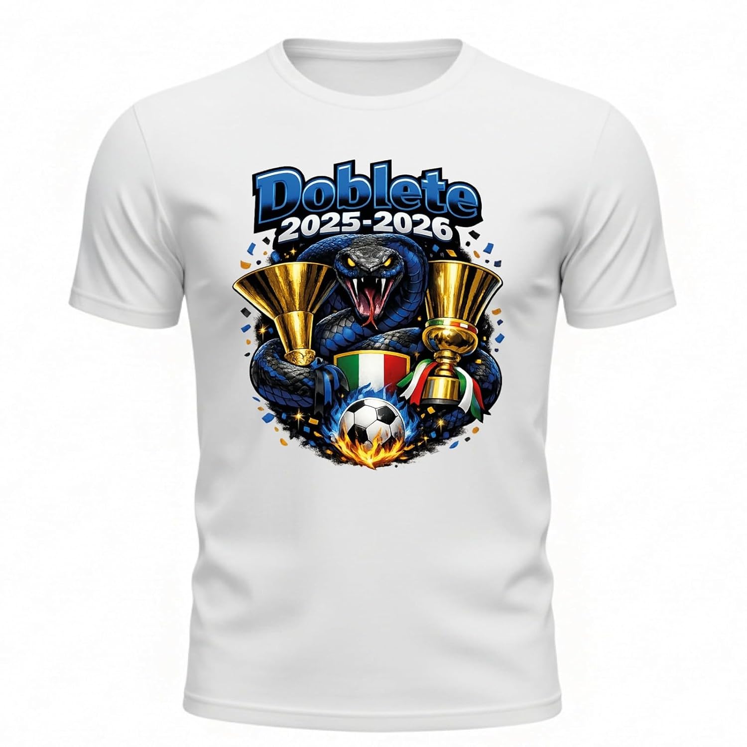 Generico Maglietta Calcio Doblete 2025-2026 Adulto – T-Shirt Neroazzurra con Serpente e Coppe – Idea Regalo Tifosi Campioni