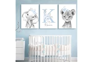 YOUIHOM 3 Laminas Nombre Bebe Elefante León con Flores Cuadro Gris y Azul Poster Habitacion Niño Lienzo a3 Decoracion Pared Dormitorio Regalo sin Marco