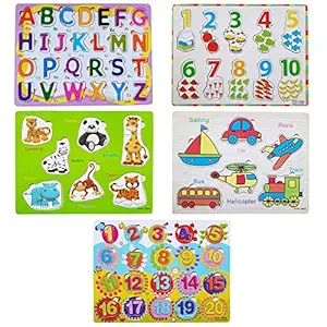 Ramakada Capital Alphabet Tray with Picture & Number with Picture Tray, and Colorful Animal Artwork, Extra-Thick Wooden Construction Vehicles Multi Color