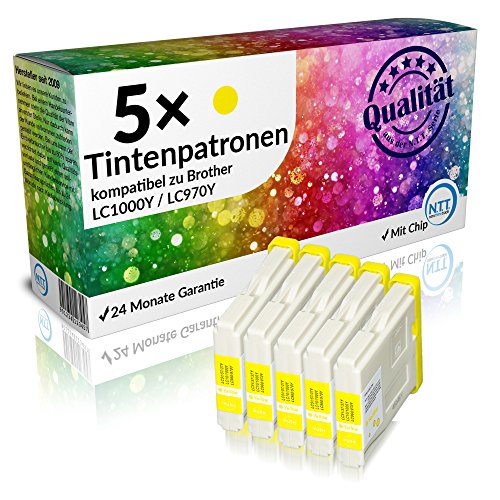N.T.T.® 5 x Stück XL Druckerpatronen / Tintenpatronen kompatibel zu Brother LC1000Y / LC970Y Gelb / Yellow, Sparset
