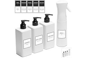 NPS WORKS Nuevo Pack 4 Piezas (Blanco) 3 Botes para Gel y Champú 500 ml, 1 Botella Spray 300 ml y 10 Etiquetas Impermeables Español-Inglés. Dispensador de Jabón para Baño y Pulverizador en Plástico.