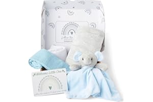 Baby Box Shop – 5 Essentials für Neugeborene, ideal als Babyparty-Geschenke und Taufgeschenke für Jungen, Blaue Elefanten-Babydecke, Fleecedecke, 2 Musselin-Tücher, Geschenkkarte
