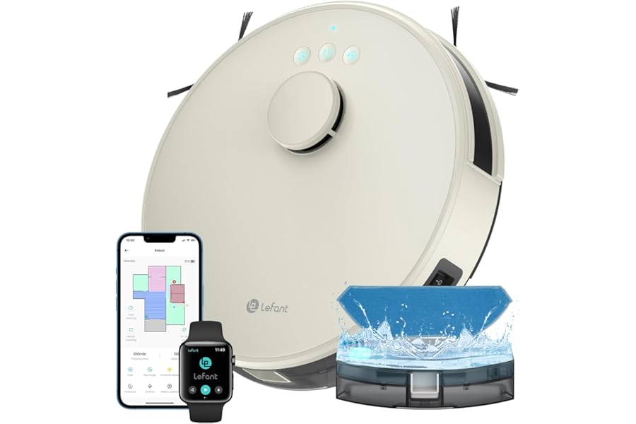 Lefant M1 Robot Vacuum Cleaner with Laser Mapping dToF, Double Side Brush, 5500Pa, 4000mAh Battery 200 Min, Alexa Google APP Control, Slim Design for Modern Homes, Champagne