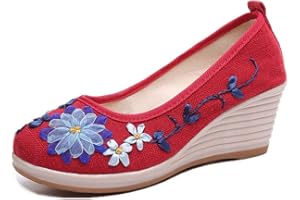 Minetom Femme Confortable Compensé Toile Vintage Broderie Fleur Chaussures de Conduite Loafer Ballerines Mocassins
