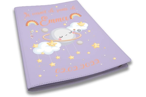 Protège carnet de santé personnalisé, idée cadeau personnalisable bébé, cadeau naissance original, Housse carnet de santé Mauve Bébé Lune - CL0003c