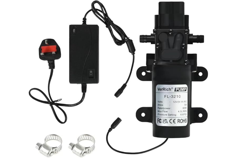 VerRich DC 12V Water Pump with Power Supply Adaptor 100PSI High Pressure Diaphragm Pump with Pressure Switch 4LPM 1GPM with 2 Adjustable Hose Clamp for Water taps,Motorhome,RV
