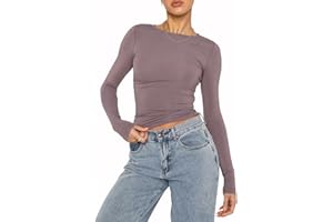 Kukeyiee Top Casual da Donna Slim Fit Top Girocollo Manica Lunga T-Shirt Aderente Camicetta di Base Tee Tops