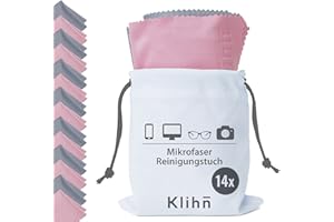 Klihn - Paños de Limpieza de Gafas de Microfibra en Calidad óptica (14 Unidades + Bolsa de Almacenamiento) | para teléfono móvil, Pantalla y Lentes | Lavable | tamaño: 18 x 16 cm (Gris/Rosa)