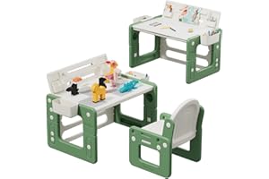 BanaSuper Tavolo e Sedia da Disegno con Blocchi da Costruzione per Bambini Tavolo da Attività per Bambini Regolabile in Altezza Set di Mobili per Bambini Multifunzione (Verde)