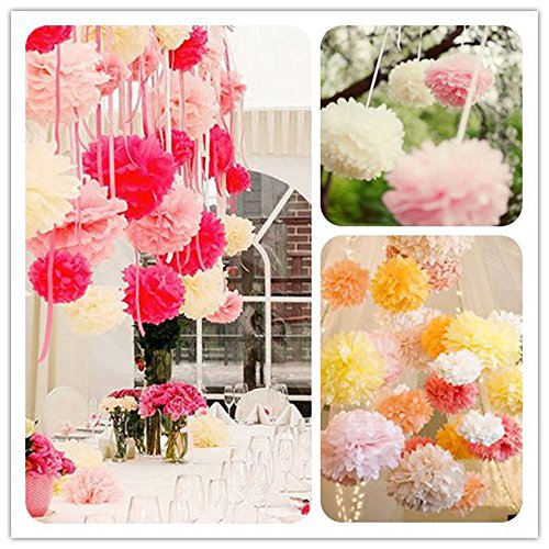 Daily Mall Mixed DIY Papier Blumen Papier Pompom 9er 25cm Mixed DIY Papier Blumen PomPoms Zum Aufhängen Seidenpapier schöne Dekor für Geburtstag Hochzeitsfest Basteln Babyshower Dekoration Feier Party Baby-Duschen Brautduschen Wohnungdeko (Weiß-Pink-Rosa Rose) - 6