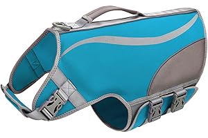 BOTEWO Gilet di salvataggio per cani: squalo, giubbotto di salvataggio impermeabile con manico e riflettori per animali domestici, nuoto, rafting, barca, guida, surf, allenamento acquatico, L blu