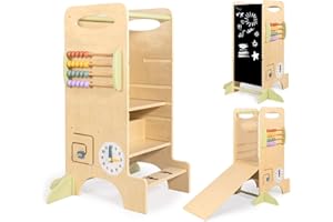 LOL-FUN Step Stool Adjustable Height, Standing Stool for Kids with Slide, Learning Toys with with Chalkboard&Activity Games