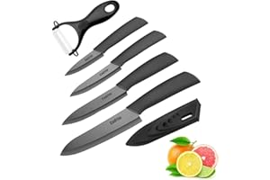 Cadrim Couteaux de Cuisine, Couteau Ceramique Couteaux de Chef Super Tranchant Antirouille Résistant aux Taches pour Couper les Fruits Légumes Viande 5pcs/Set Noir